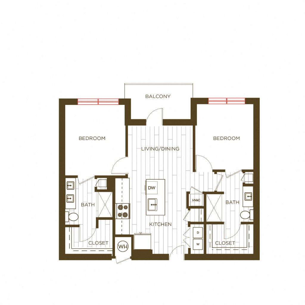 Floor plan for 2 beds, 2 baths, 984 sqft